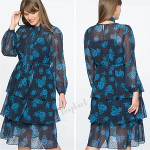 Draper James for ELOQUII Blue Green Floral Print Swiss Dot Long Sleeve Dress 18